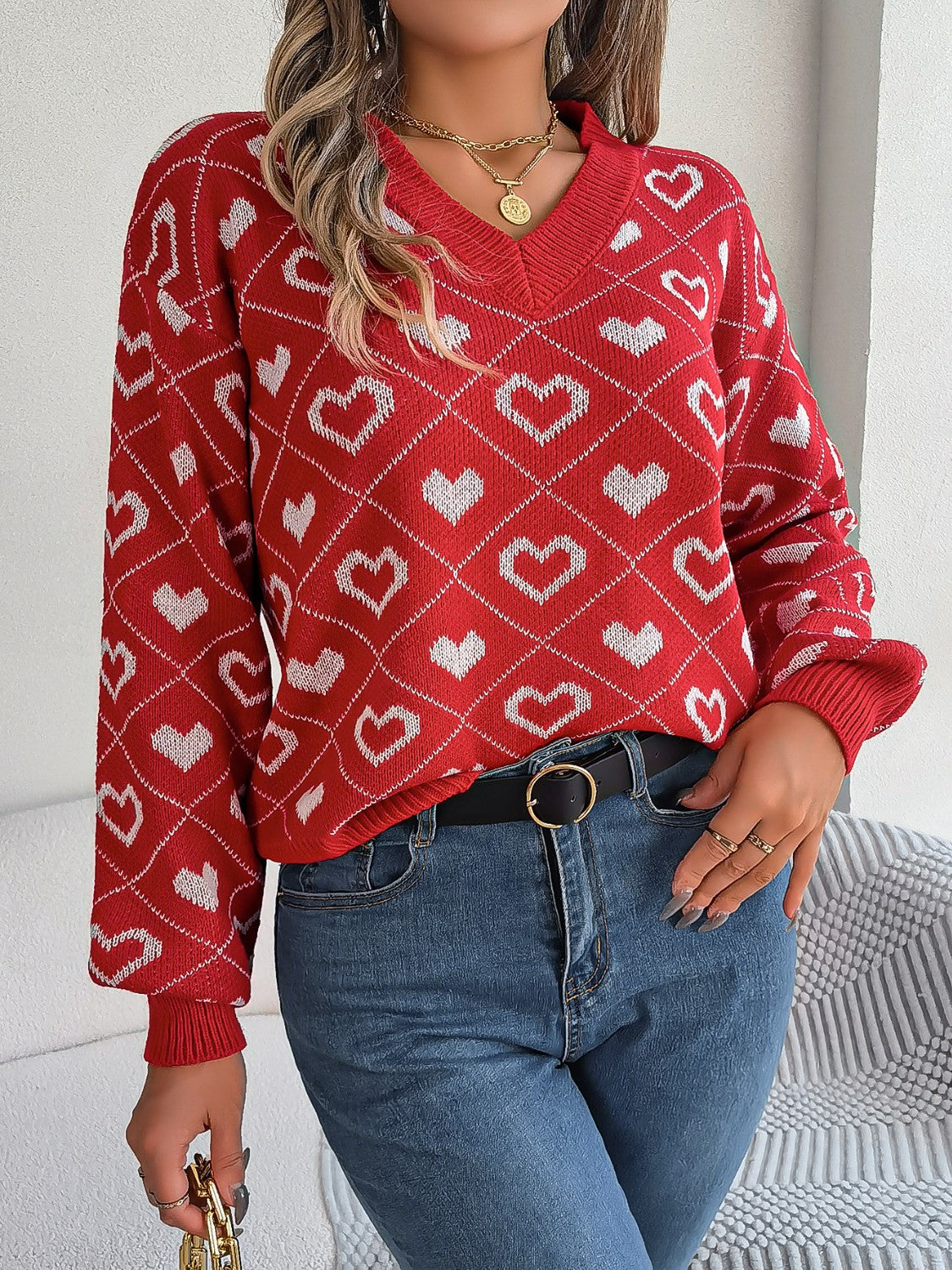 Arlena | Hjerte-Strik V-Hals Sweater
