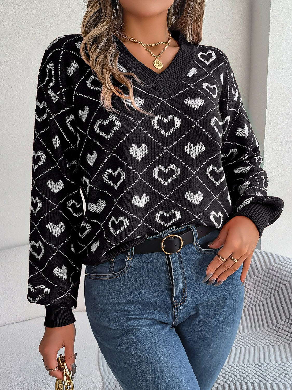 Arlena | Hjerte-Strik V-Hals Sweater