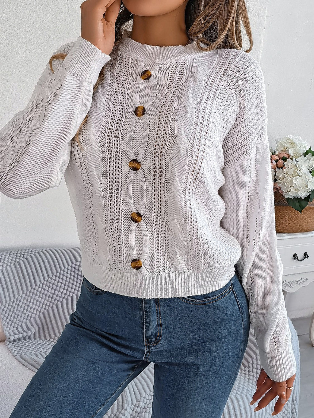 Alara | Knapperet Kabelstrikket Sweater